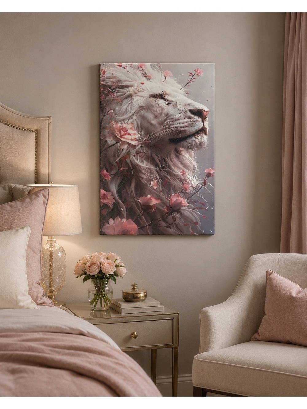 Blush Floral White Lion Canvas Wall Art 18x12 - Picture 1 of 6
